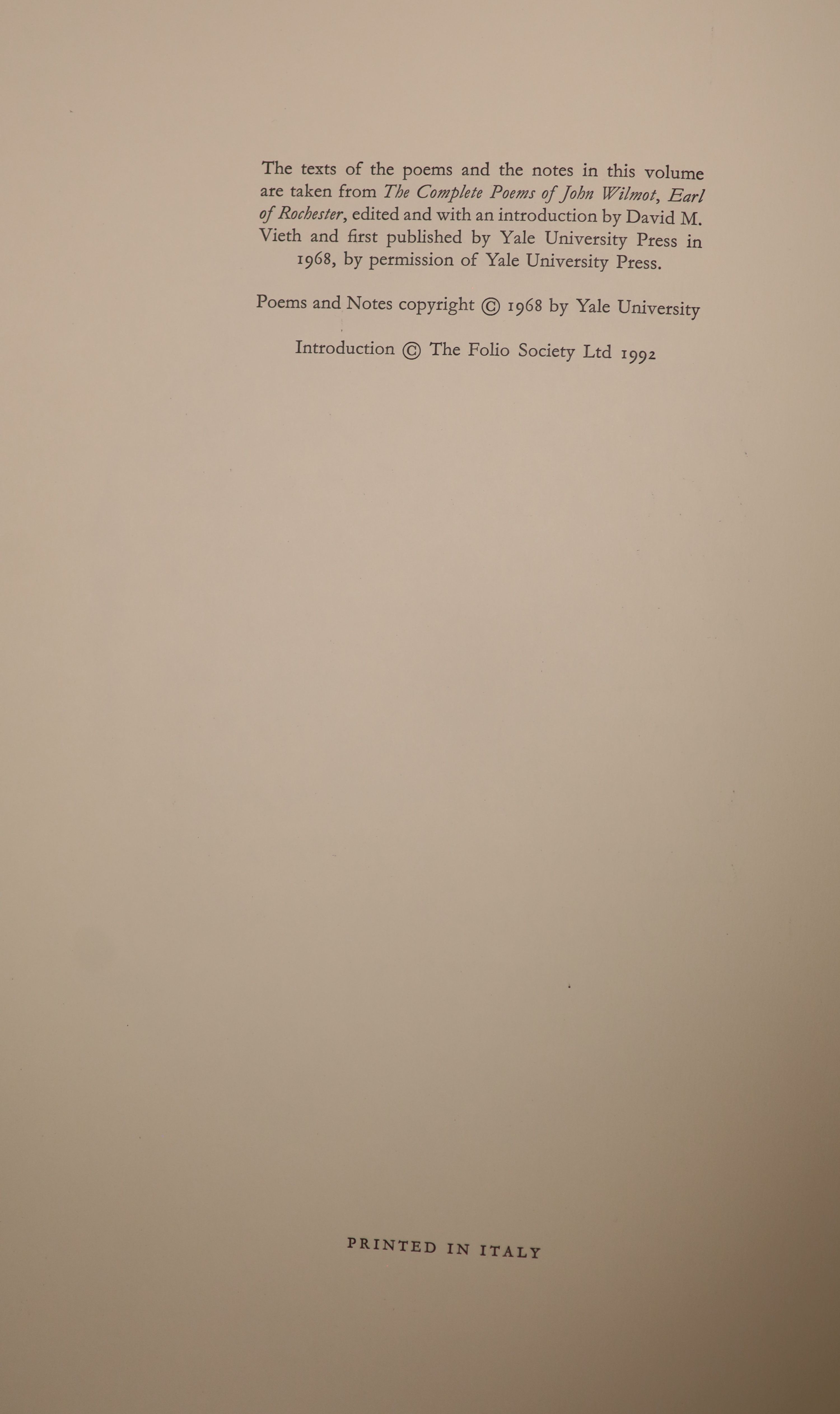 Wilmot, John, The Earl of Rochester, Perfect and Imperfect Enjoyments: Poems, quarter bound in leather with marbled boards, in a presentation box, Folio Society limited edition (edition number listed as ‘B.B’) together w